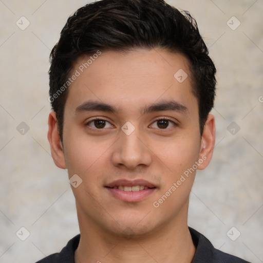 Joyful white young-adult male with short  black hair and brown eyes