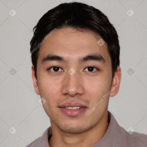 Neutral asian young-adult male with short  black hair and brown eyes