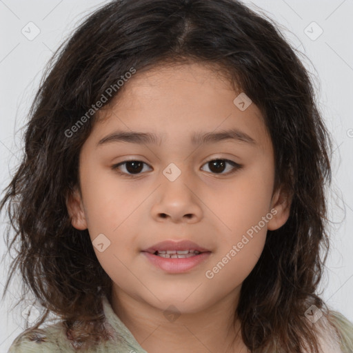 Joyful white child female with medium  brown hair and brown eyes