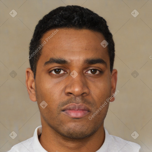 Neutral latino young-adult male with short  black hair and brown eyes