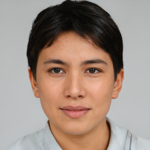 Neutral asian young-adult male with short  brown hair and brown eyes