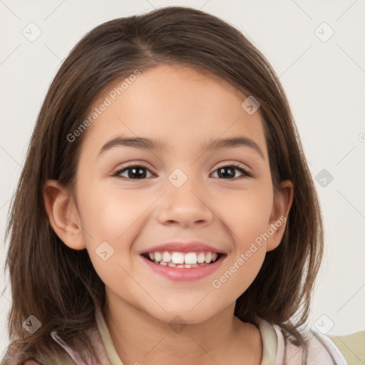 Joyful white child female with medium  brown hair and brown eyes