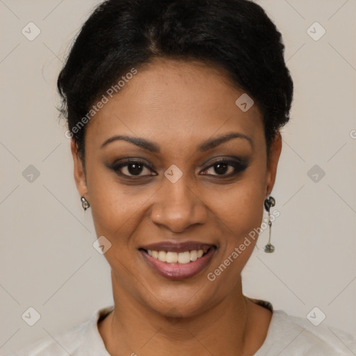 Joyful latino young-adult female with short  black hair and brown eyes