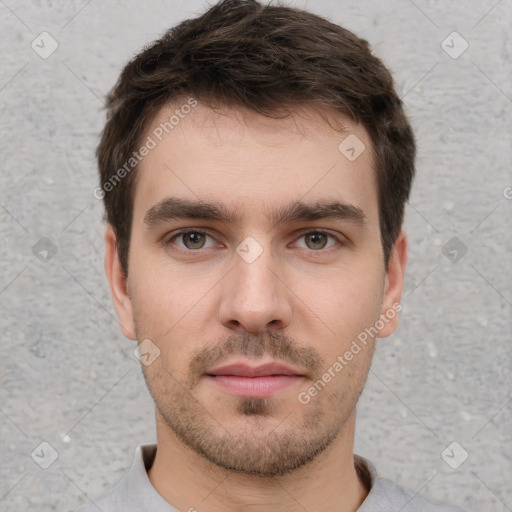 Neutral white young-adult male with short  brown hair and brown eyes