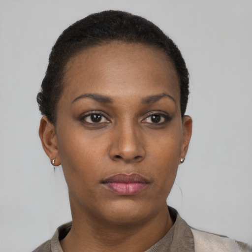 Neutral black young-adult female with short  black hair and brown eyes