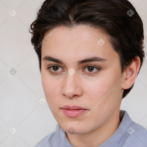 Neutral white young-adult female with short  brown hair and brown eyes