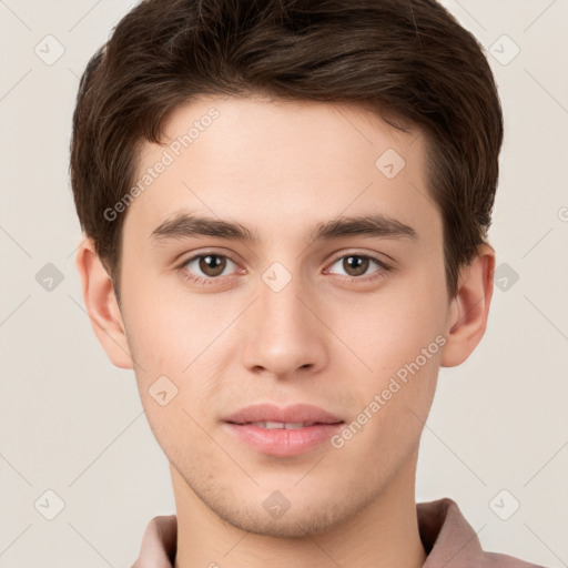 Neutral white young-adult male with short  brown hair and brown eyes