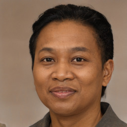 Joyful black adult male with short  black hair and brown eyes