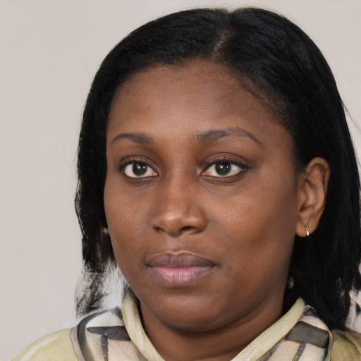 Neutral latino young-adult female with medium  black hair and brown eyes
