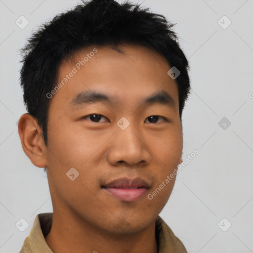 Neutral asian young-adult male with short  black hair and brown eyes