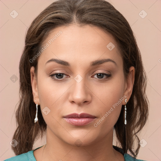 Neutral white young-adult female with medium  brown hair and brown eyes