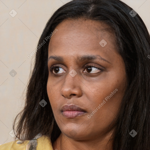 Neutral asian young-adult female with long  brown hair and brown eyes