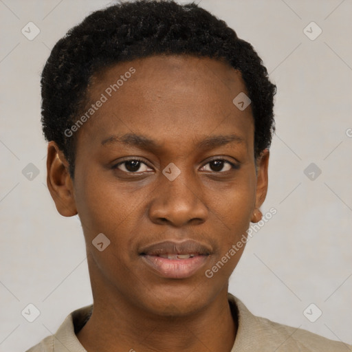 Neutral black young-adult female with short  black hair and brown eyes