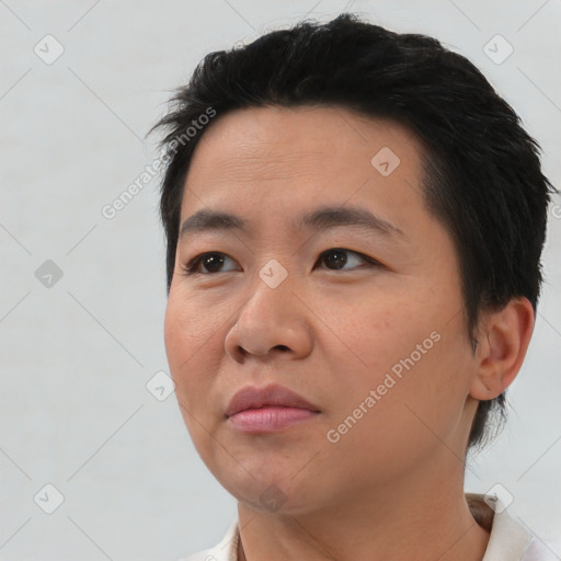 Neutral asian young-adult male with short  black hair and brown eyes