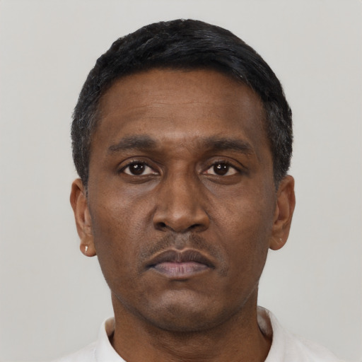Neutral black adult male with short  black hair and brown eyes