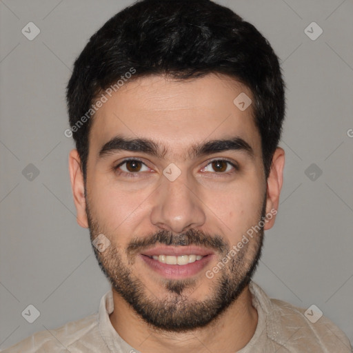 Joyful white young-adult male with short  black hair and brown eyes