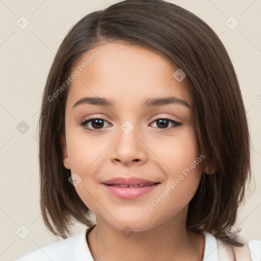 Joyful white child female with medium  brown hair and brown eyes