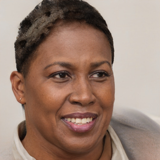 Joyful black adult female with short  brown hair and brown eyes