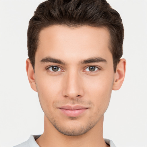 Neutral white young-adult male with short  brown hair and brown eyes