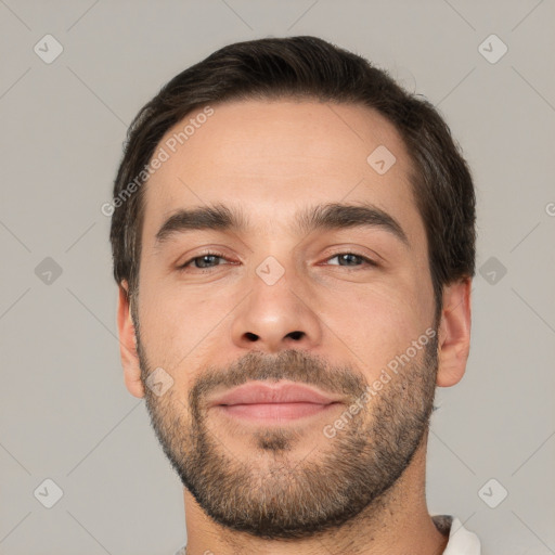 Neutral white young-adult male with short  brown hair and brown eyes