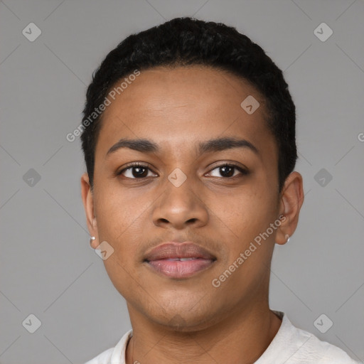 Neutral latino young-adult male with short  black hair and brown eyes