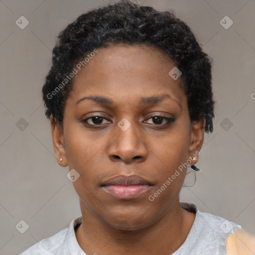 Neutral black young-adult female with short  black hair and brown eyes