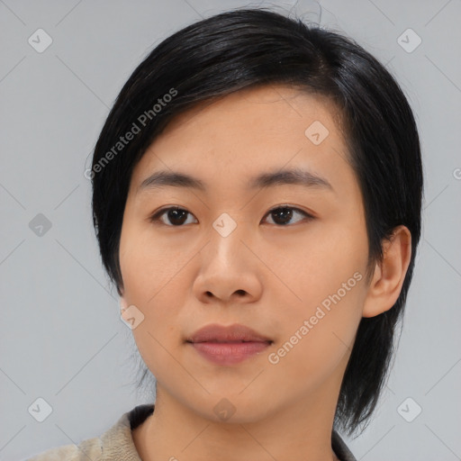 Neutral asian young-adult female with medium  black hair and brown eyes