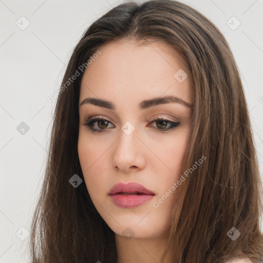 Neutral white young-adult female with long  brown hair and brown eyes