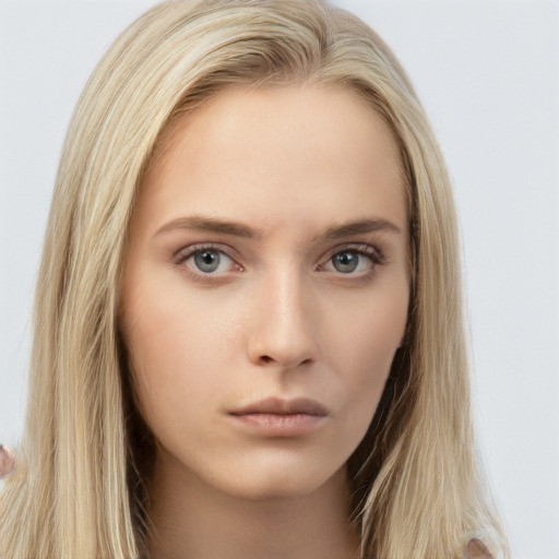 Neutral white young-adult female with long  brown hair and grey eyes