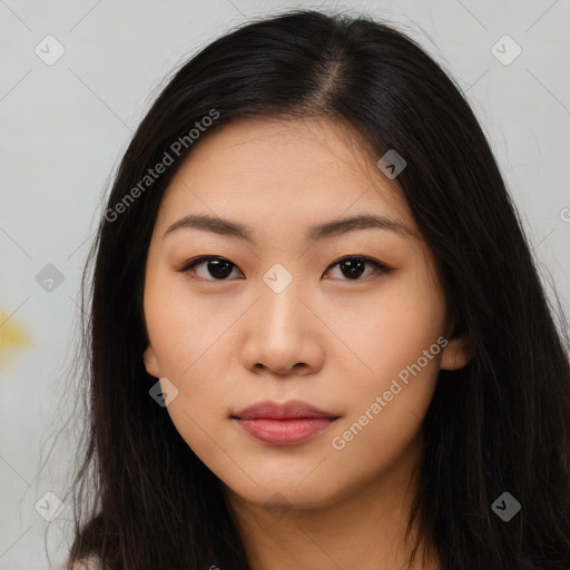 Neutral asian young-adult female with long  brown hair and brown eyes