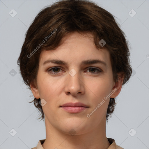 Neutral white young-adult female with short  brown hair and brown eyes