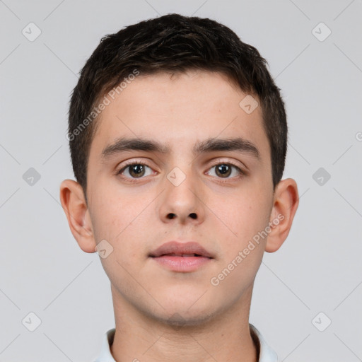 Neutral white young-adult male with short  brown hair and brown eyes