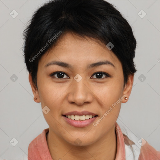 Joyful asian young-adult female with short  brown hair and brown eyes