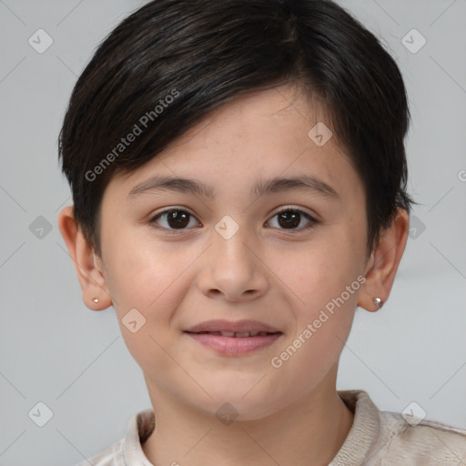 Joyful white child female with short  brown hair and brown eyes