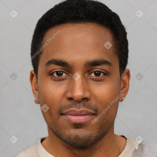 Neutral black young-adult male with short  black hair and brown eyes