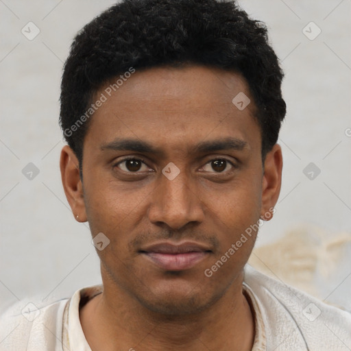 Neutral latino young-adult male with short  black hair and brown eyes