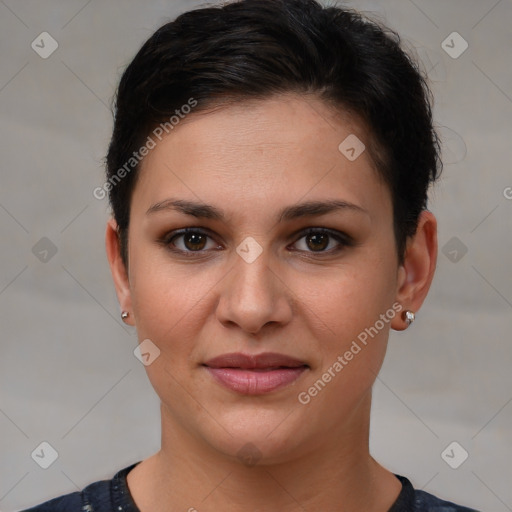 Joyful white young-adult female with short  brown hair and brown eyes