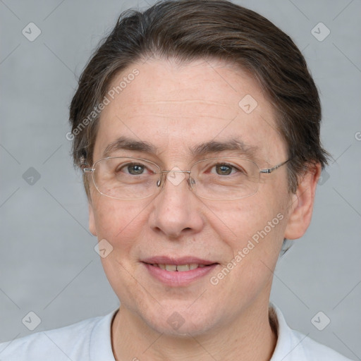 Joyful white adult female with short  brown hair and brown eyes