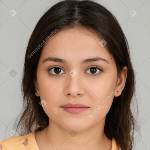 Neutral white young-adult female with medium  brown hair and brown eyes