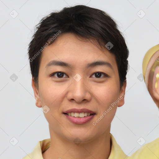 Joyful white young-adult female with short  brown hair and brown eyes