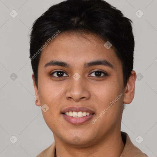 Joyful asian young-adult female with short  brown hair and brown eyes