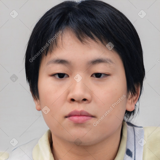 Neutral asian young-adult female with medium  brown hair and brown eyes