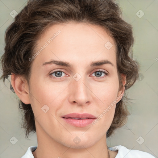 Joyful white young-adult female with medium  brown hair and green eyes