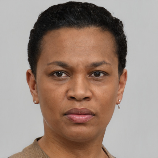 Joyful black adult female with short  brown hair and brown eyes