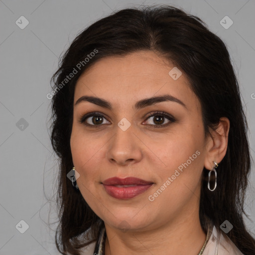 Joyful white young-adult female with medium  brown hair and brown eyes