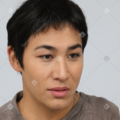 Neutral asian young-adult male with short  brown hair and brown eyes