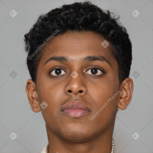 Neutral black young-adult female with short  brown hair and brown eyes