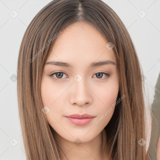 Neutral white young-adult female with long  brown hair and brown eyes