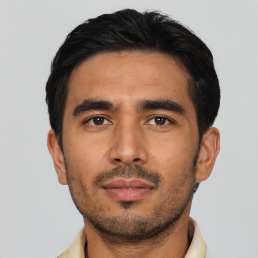 Neutral latino young-adult male with short  black hair and brown eyes