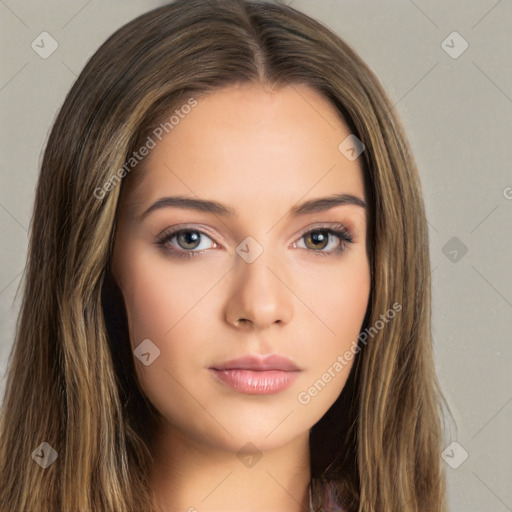 Neutral white young-adult female with long  brown hair and brown eyes